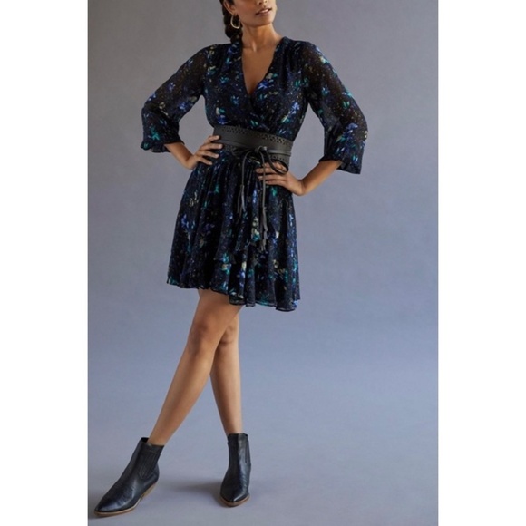 Anthropologie Ruched Mini Floral Dress - Blue Motif - Full Lined - Medium - Picture 10 of 10